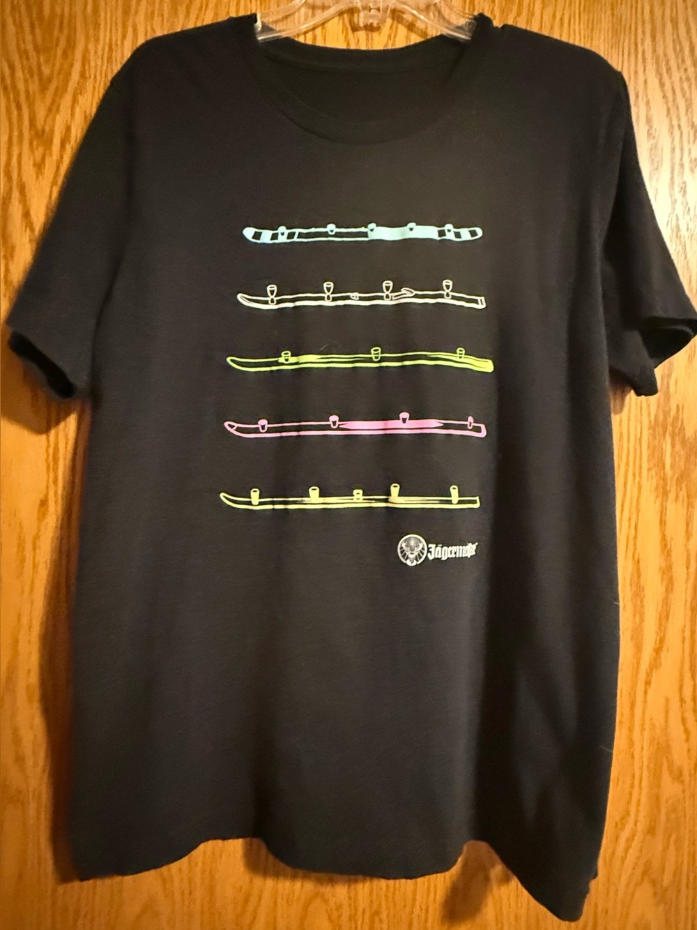 Jagermeister Black Tee with Neon Green and Pink Skate Stripes